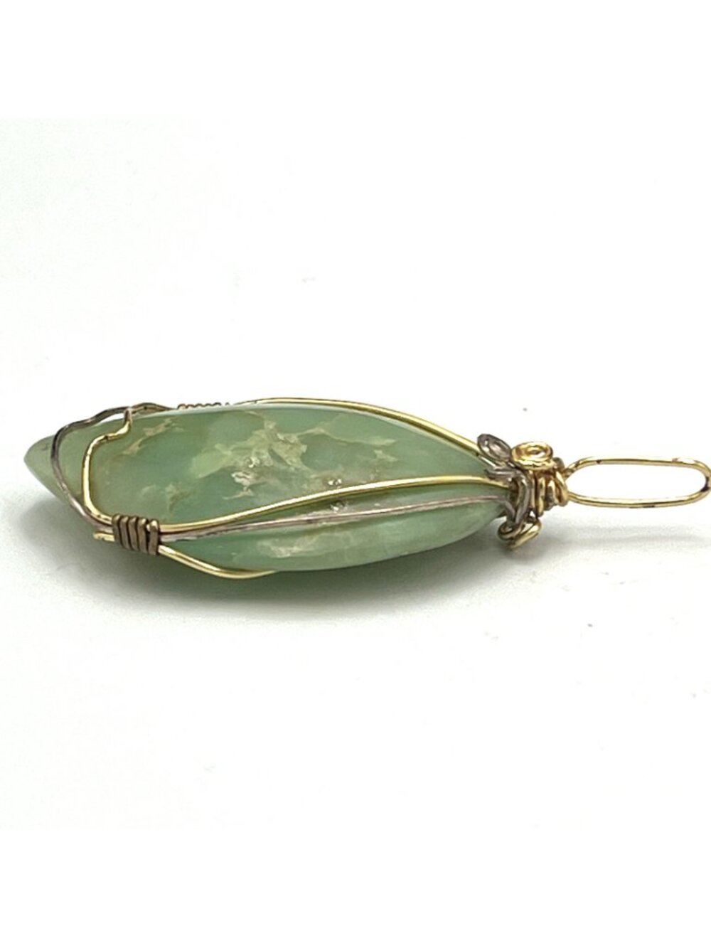 Large Green Stone Gold Tone Wire Wrapped Pendant Artisan Statement Bohemian 2.5" - Picture 10 of 10